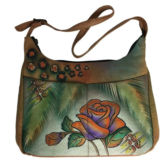Anuschka NEVER USED Handpaint Leather Shoulder Bag Rose Distressed - Picture 1 of 11